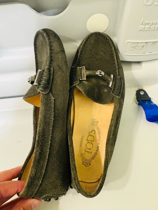 Tod's Shoes - Tod's Olive Suede Driver Mocs with Black Pebbled Sole